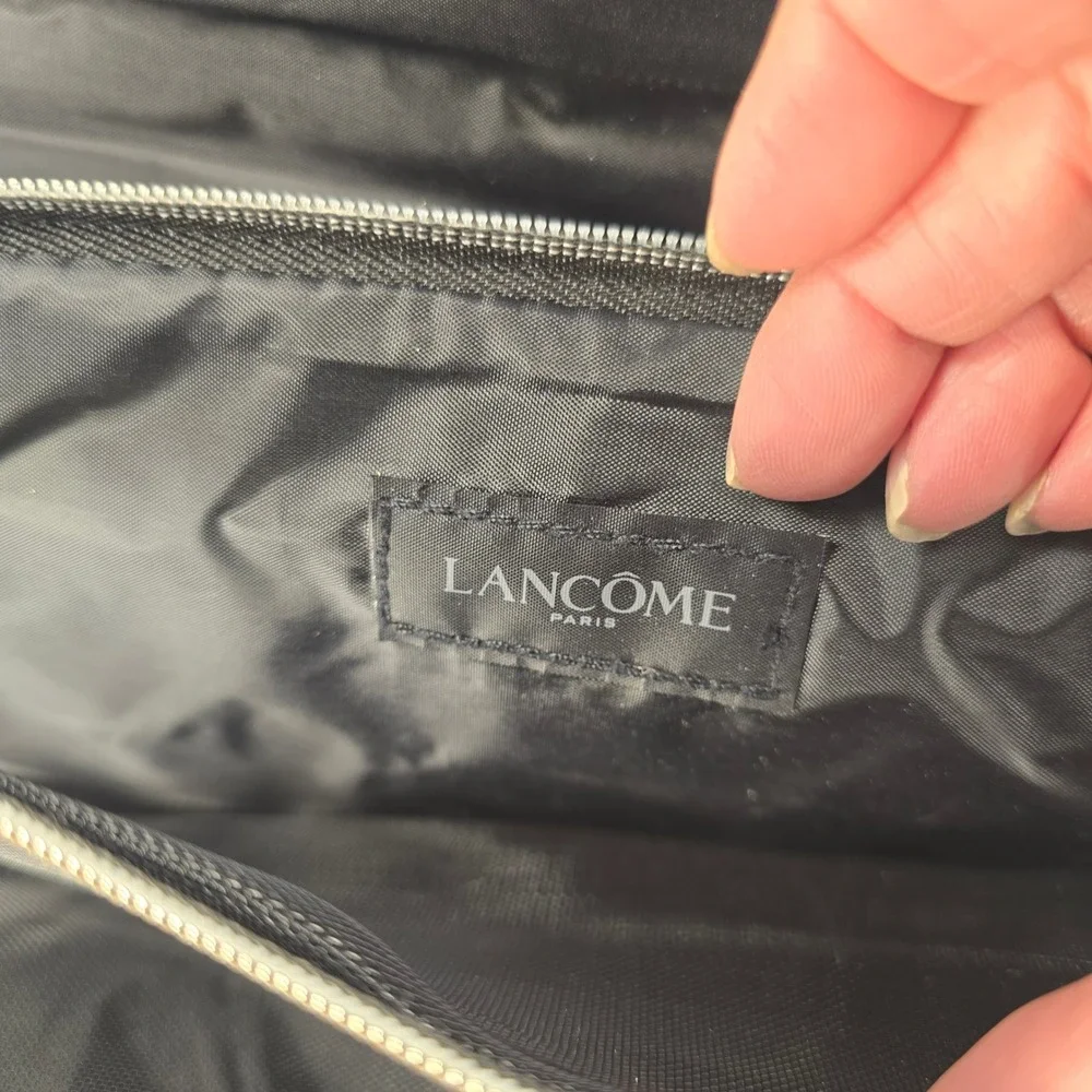 Lancome Paris Black Cosmetic Bag Travel Makeup Organizer Patent Trim‎ Gold Tone